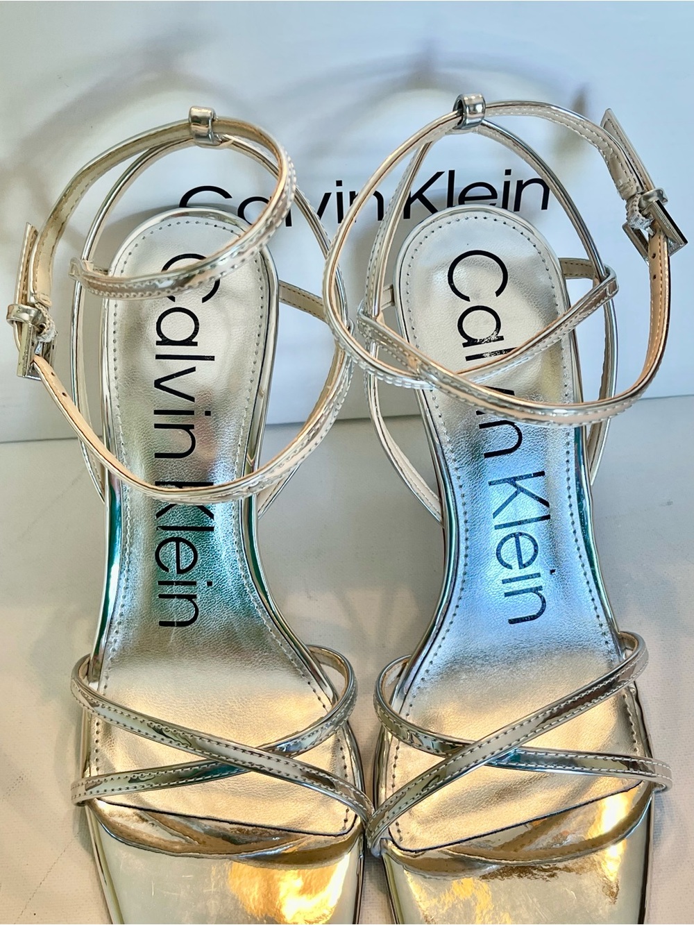 EUC CALVIN KLEIN TEGIN SILVER METALLIC STILETTO DRESS SANDAL SIZE 8M - Picture 9 of 15